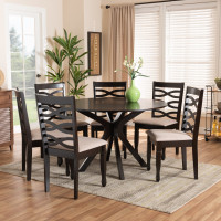 Baxton Studio Mila-Sand/Dark Brown-7PC Dining Set Mila Modern and Contemporary Sand Fabric Upholstered Dark Brown Finished Wood 7-Piece Dining Set